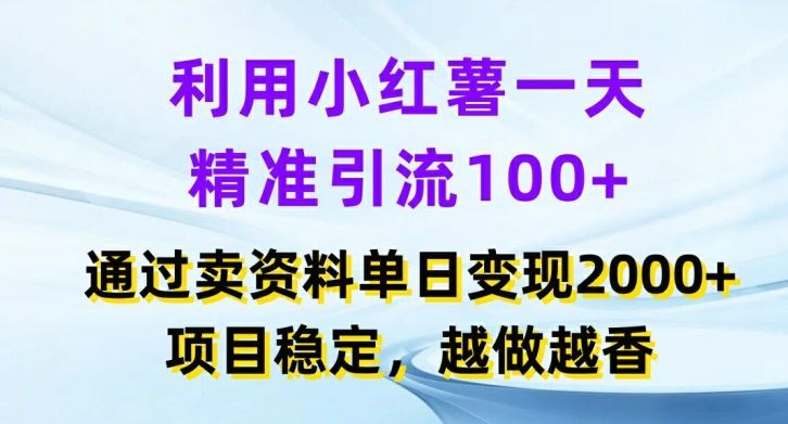 利用小红书一天精准引流100+，通过卖项目单日变现2k+，项目稳定，越做越香【揭秘】-轻创淘金网